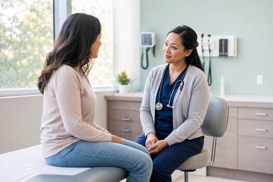 Nurse Practitioner Talking to Patient on Examination Bed-1
