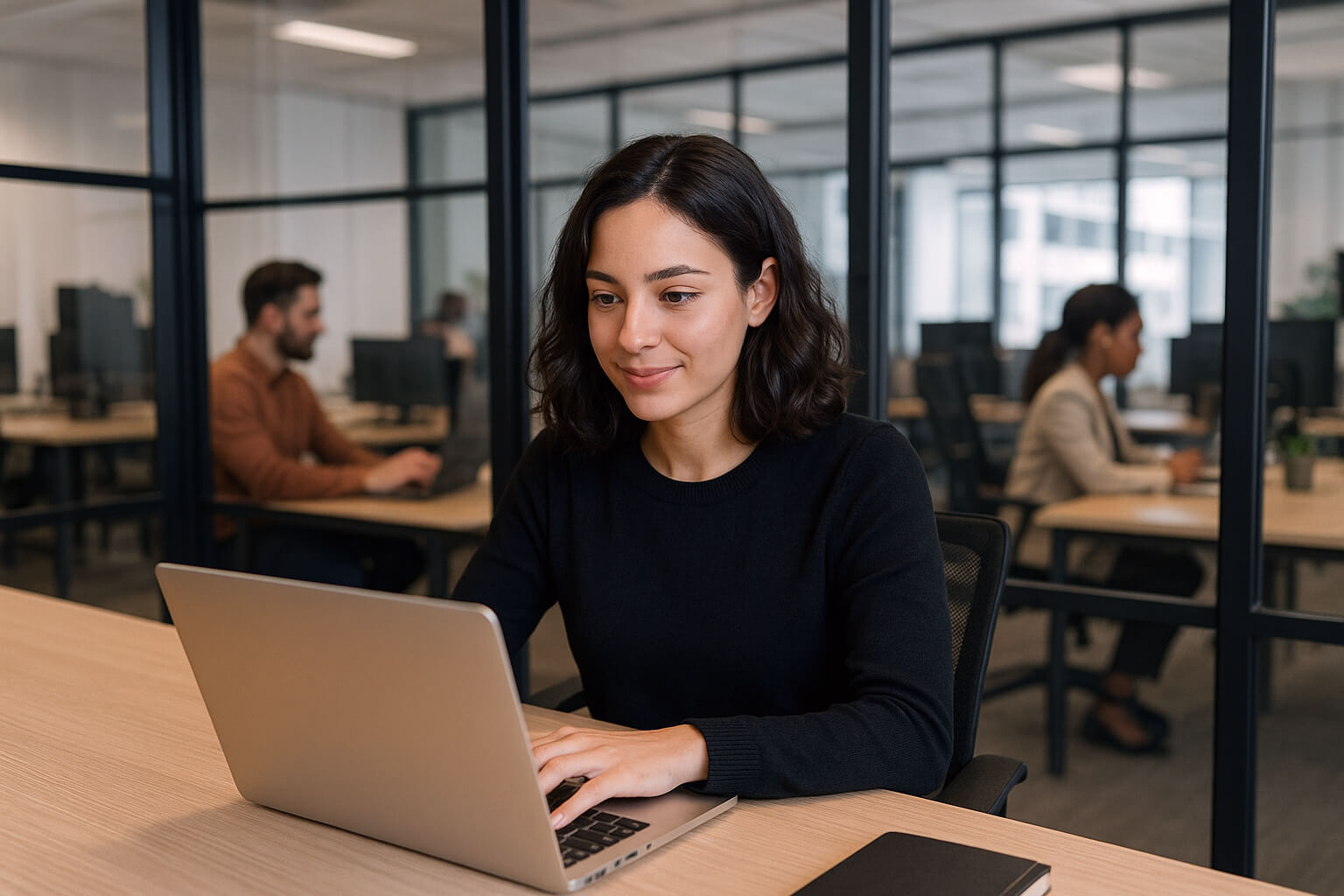 Young business professional working on laptop.