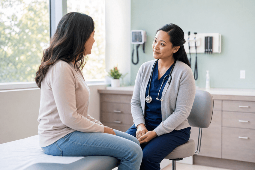 Nurse Practitioner Talking to Patient on Examination Bed