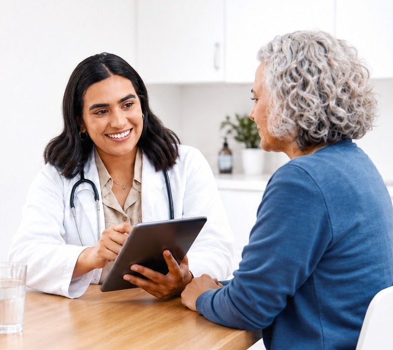 Nurse practitioner in white coat with pateient