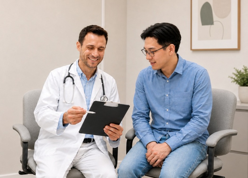 Doctor sitting next to patient reviewing chart