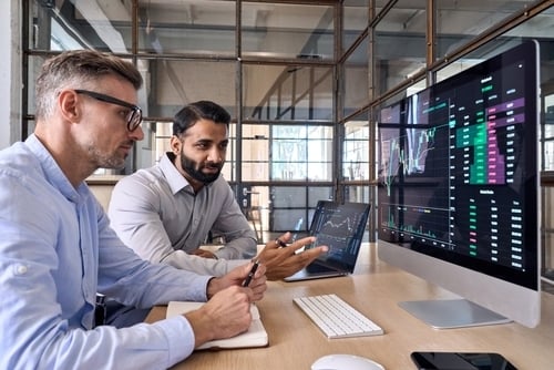 Two professional men looking at monitors