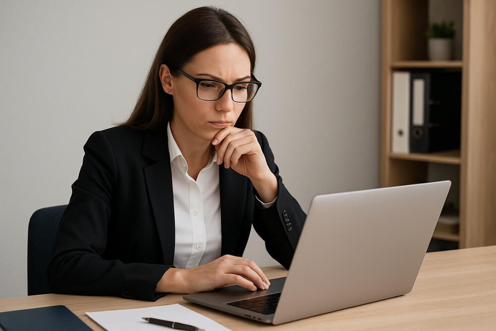 Woman dressed professionally carefully reviewing her work on a laptop