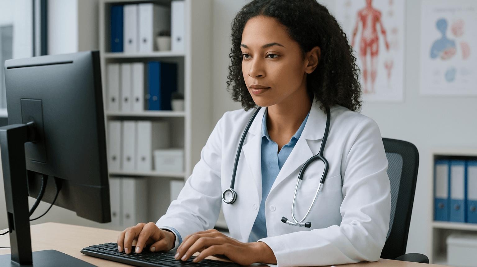 Female physician using computer at desk in hospital office-1