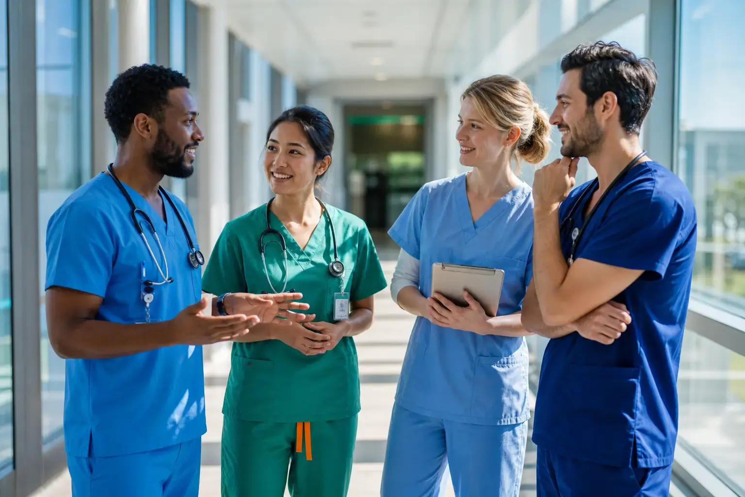 Nurses Discussing in Hospital Hallway